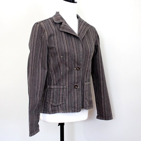 Vintage POINT ZERO Jacket Brown Grey Striped Stretch Cotton Blend Pockets Size S - Picture 7 of 11